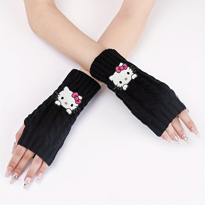 1pc of Sanrio Hello Kitty Cartoon Fashion Pvc Soft Rubber Big Head Decoration Autumn And Winter Leisure Knitting Open Finger Cuff Linen Pattern Short Gloves for Women to Work Cycling Interlocking Warm Wrist Gloves for Women C